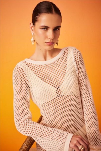 Long Sleeve White Mesh Beach Dress