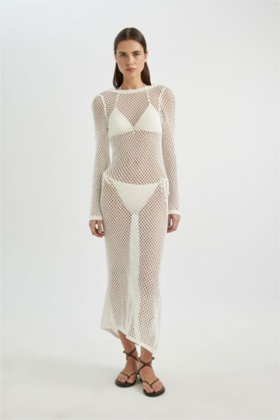 Long Sleeve White Mesh Beach Dress