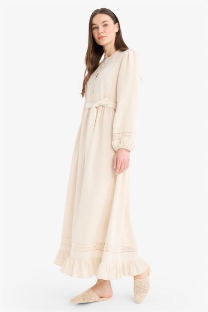 Regular Fit Grandad Collar Linen Blend Dress