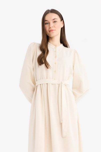 Regular Fit Grandad Collar Linen Blend Dress