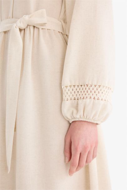 Regular Fit Grandad Collar Linen Blend Dress