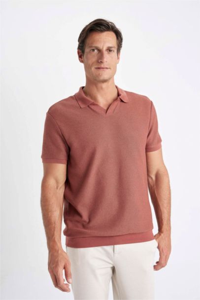 Regular Fit Polo Yaka Kısa Kollu Örgü Görünümlü Tişört