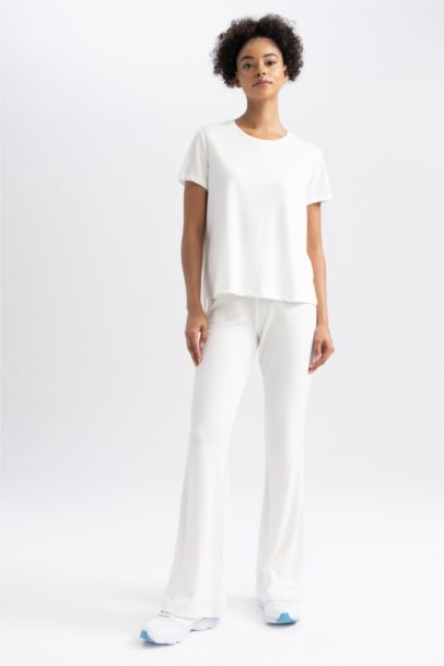 تيشيرت نص كم نسيج مشروط قصة عادية برقبة مستديرة