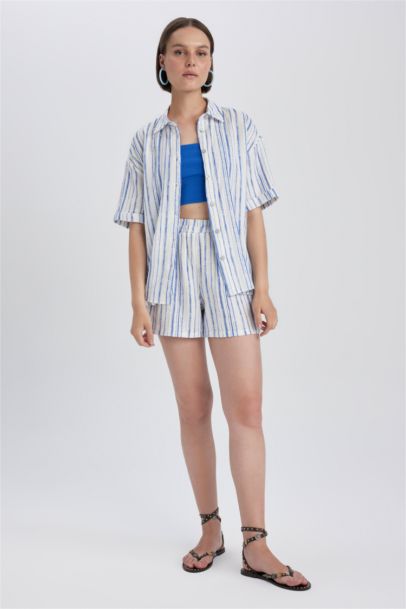 Regular Fit Muslin Striped High Waist Shorts