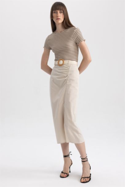 Straight Fit Normal Waist Linen Blend Midi Skirt