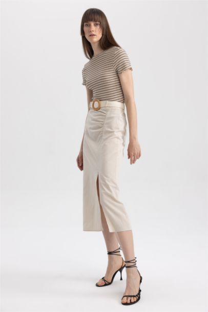 Straight Fit Normal Waist Linen Blend Midi Skirt