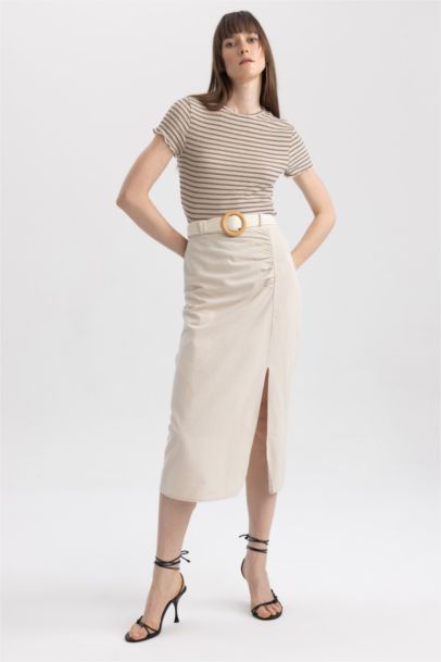 Straight Fit Normal Waist Linen Blend Midi Skirt