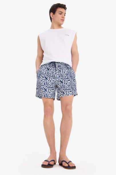 Patterned Mesh Lined Short Length Swim Shorts