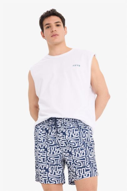 Patterned Mesh Lined Short Length Swim Shorts