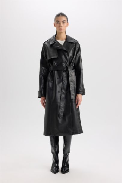 Su Geçirmez Suni Deri Trençkot  Kruvaze Yaka Düğmeli Kemerli Cepli