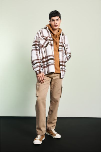 جاكيت قميص كاروهات قصة مريحة بياخة بولو بجيب