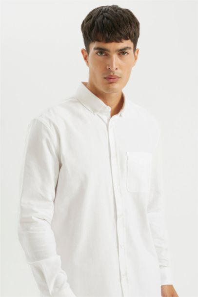 %100 Pamuk Regular Fit Polo Yaka Oxford Basic Düz Uzun Kollu Beyaz Gömlek
