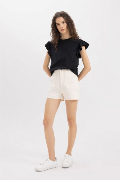 Gabardine High Waist Double Hem Shorts