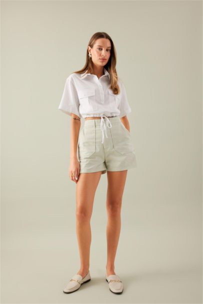 Gabardine High Waist Double Hem Shorts