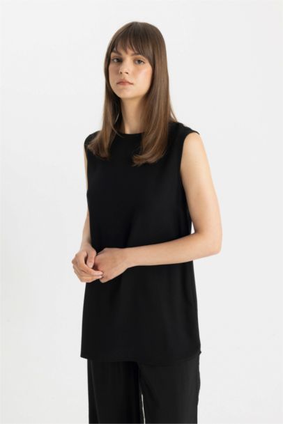 Tunique Tissée à Manches Courtes coupe régulière Col Ras Du Cou