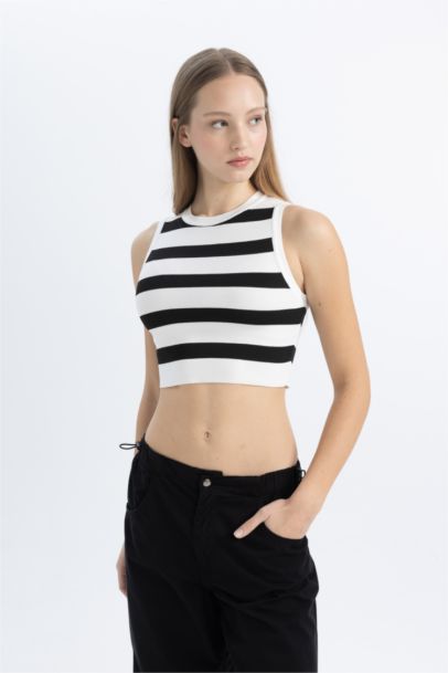 Slim Fit Crew Neck Striped Crop Top