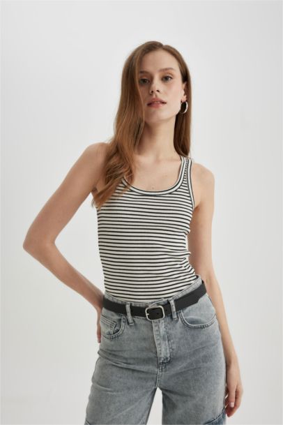 Slim Fit Striped Camisole Round Collar Tank Top