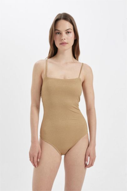 Regular Fit Simli Kumaş İnce Askılı Mayo-Fall in Love