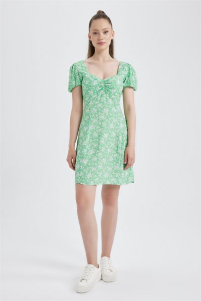 Heart Collar Floral Balloon Sleeves Mini Dress