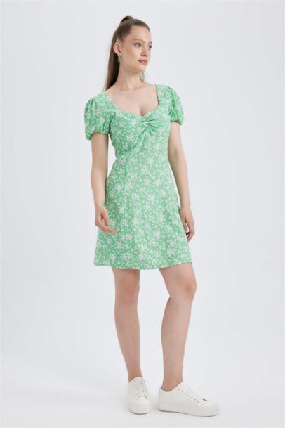 Heart Collar Floral Balloon Sleeves Mini Dress