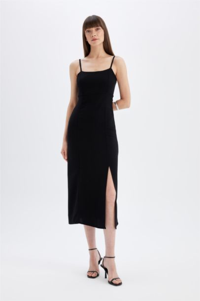 Kare Yaka Keten Karışımlı Yırtmaçlı Askılı Midi Abiye Elbise