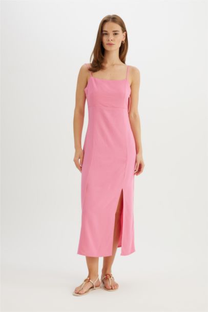 Square Neck Linen Blend Strap Midi Dress