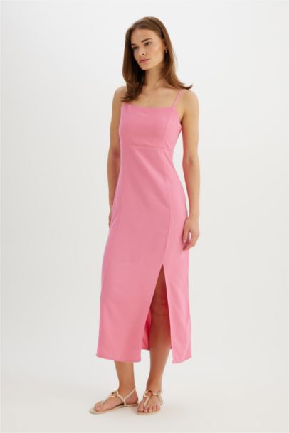 Square Neck Linen Blend Strap Midi Dress