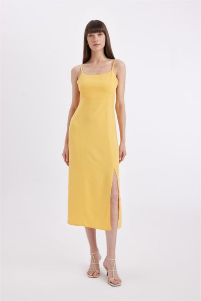 Square Neck Linen Blend Strap Midi Dress
