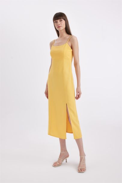 Square Neck Linen Blend Strap Midi Dress