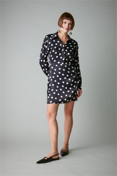 Shirt Collar Satin Polka Dot Mini Dress