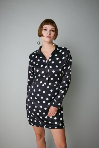 Shirt Collar Satin Polka Dot Mini Dress