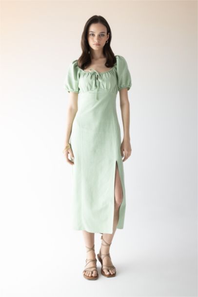 Robe Midi en Lin à Manches Courtes encolure Froncée et Fendue Sur Les Épaules