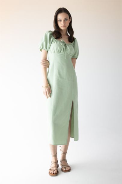 Robe Midi en Lin à Manches Courtes encolure Froncée et Fendue Sur Les Épaules