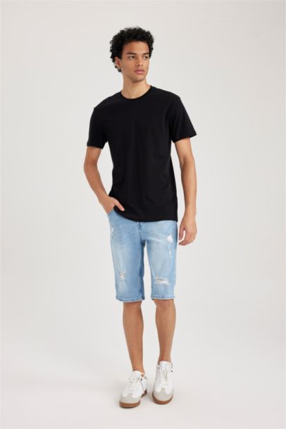 تي شيرت قطن سادة بيزك سليم فيت بياخة مستديرة