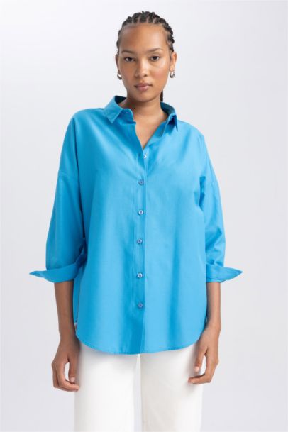 Oversize Fit Poplin Shirt Collar Long Sleeve Tunic