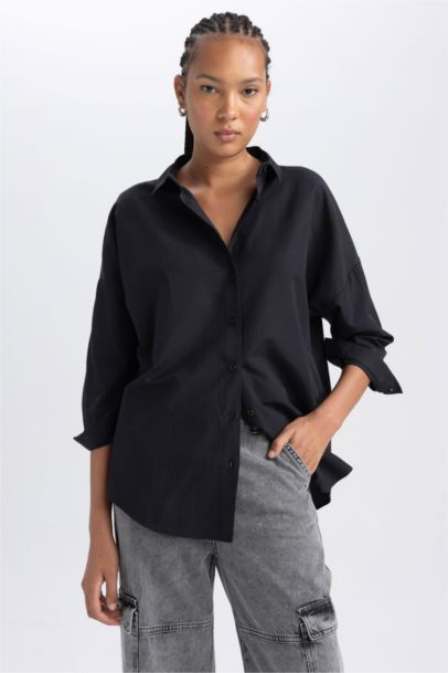 Oversize Fit Poplin Shirt Collar Long Sleeve Tunic