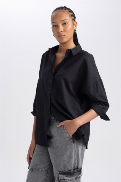 Oversize Fit Poplin Shirt Collar Long Sleeve Tunic