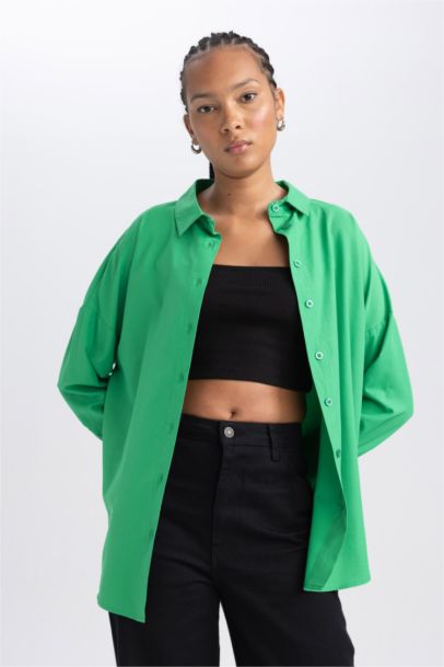 Oversize Fit Poplin Shirt Collar Long Sleeve Tunic