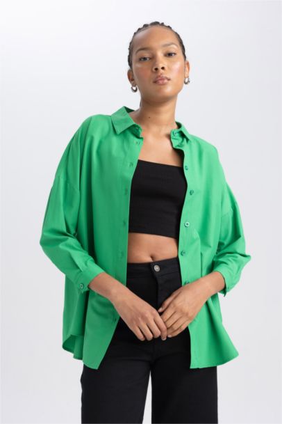 Oversize Fit Poplin Shirt Collar Long Sleeve Tunic