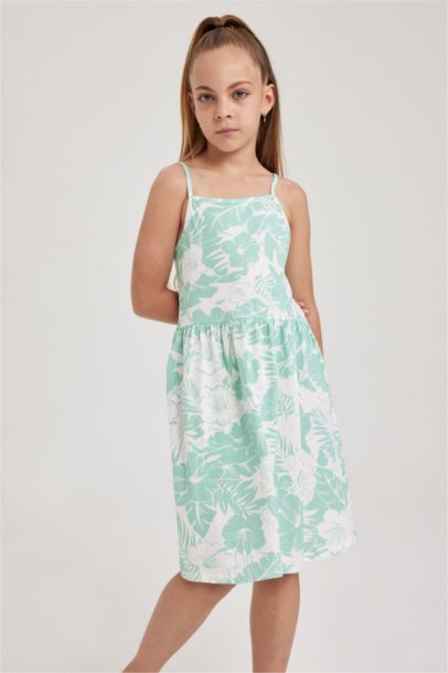 Desenli Pamuklu Askılı Elbise Kız Çocuk