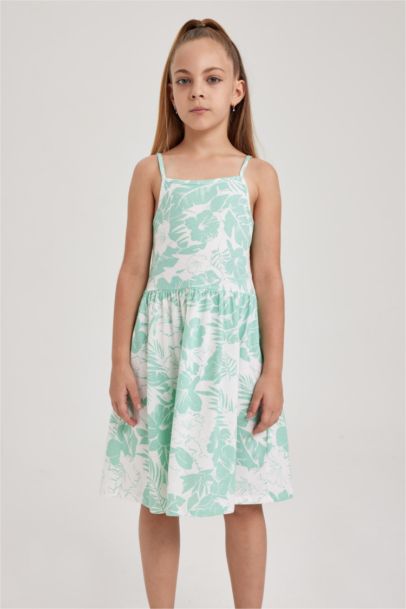 Desenli Pamuklu Askılı Elbise Kız Çocuk