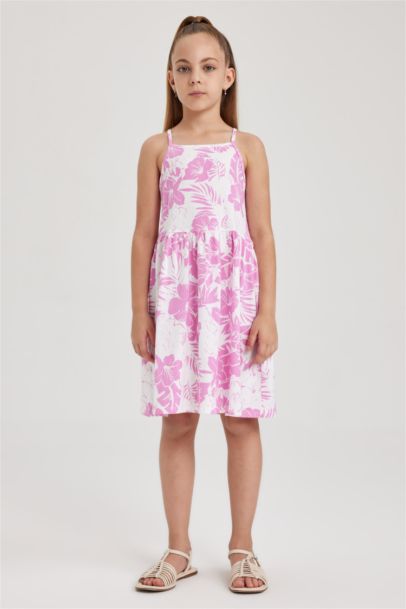 Desenli Pamuklu Askılı Elbise Kız Çocuk