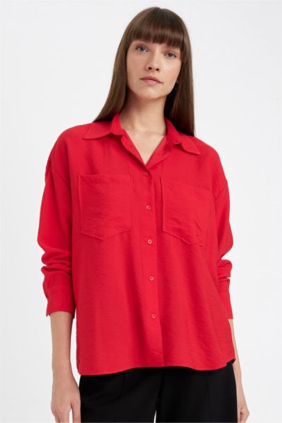 Oversize Fit Basic Red Long Sleeve Shirt