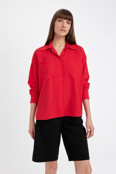 Oversize Fit Basic Red Long Sleeve Shirt