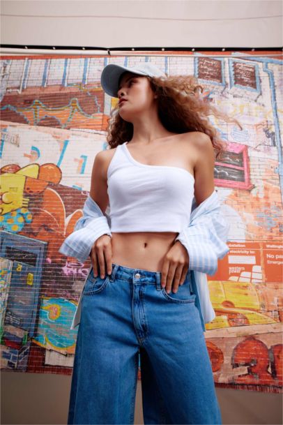 Fitted Corduroy Cotton One Shoulder Crop Top