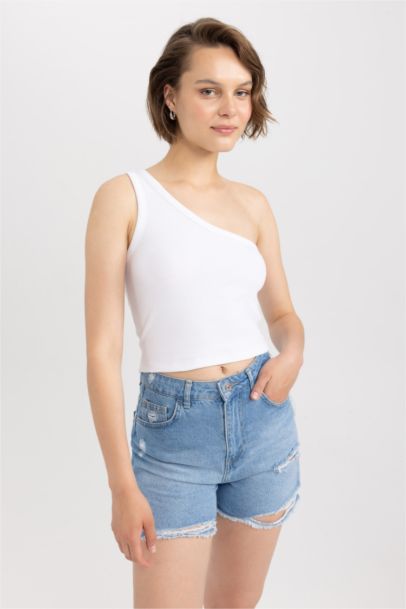 Fitted Corduroy Cotton One Shoulder Crop Top