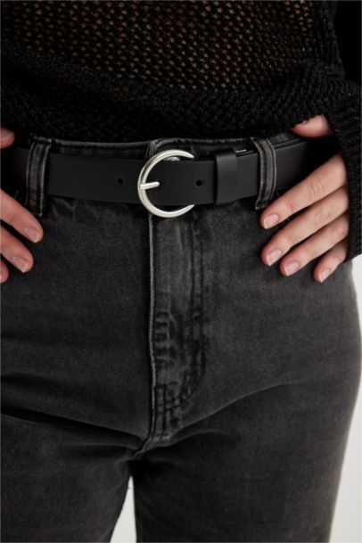 Woman Oval Buckle Faux Leather Denim Belt