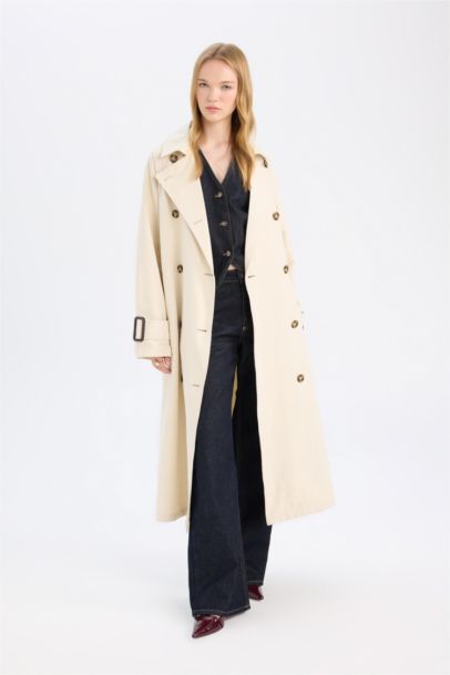 	Su Geçirmez Uzun Trençkot Geniş Kalıp Kruvaze Yaka Düğmeli Apoletli Kemerli Mevsimlik