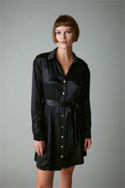 Shirt Collar Belted Satin Long Sleeve Mini Dress