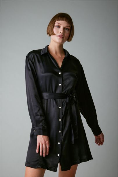 Shirt Collar Belted Satin Long Sleeve Mini Dress